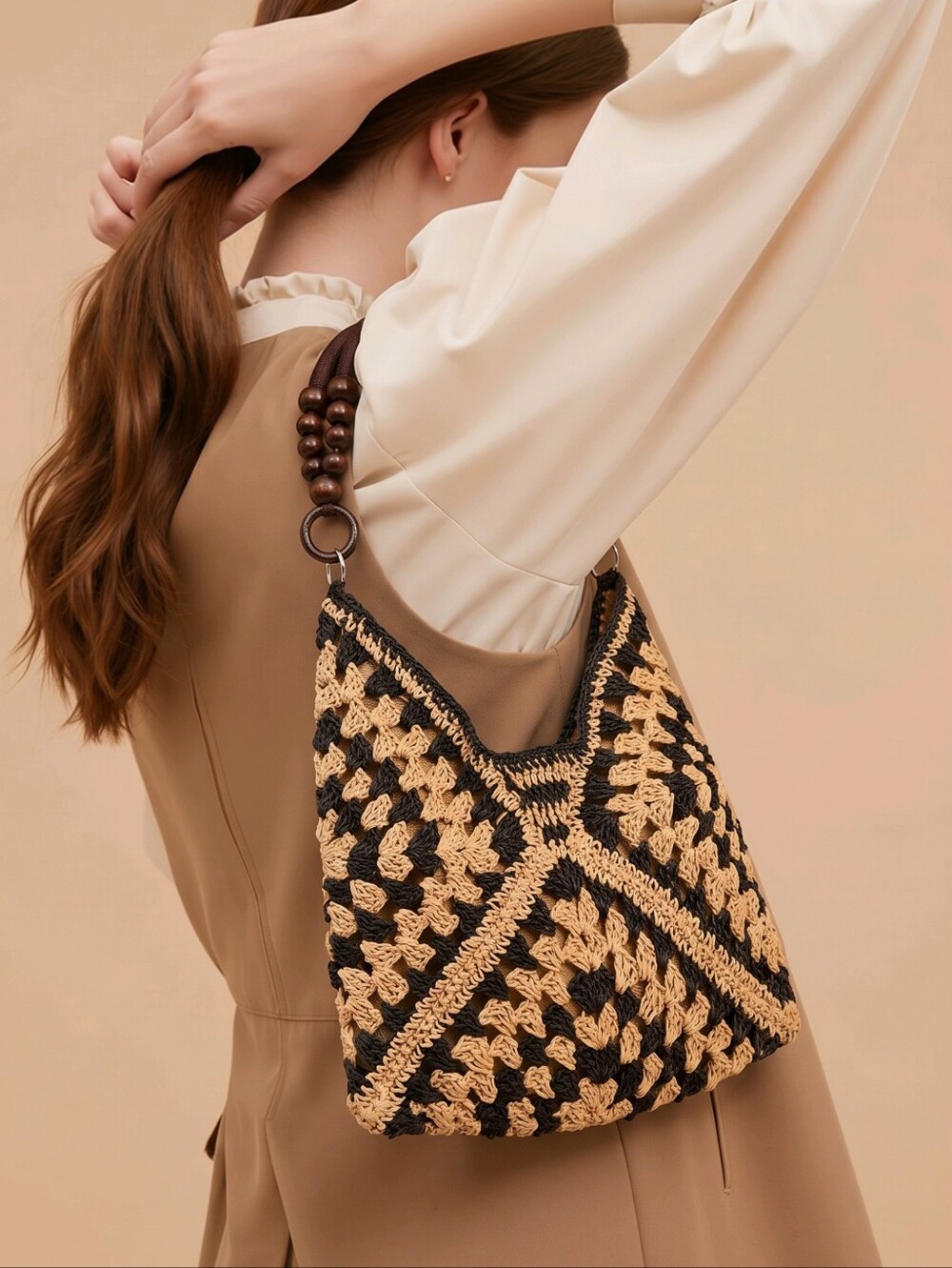 Crocheted Hobo Shoulder Bag with Wooden Bead Handle in Black and Cream